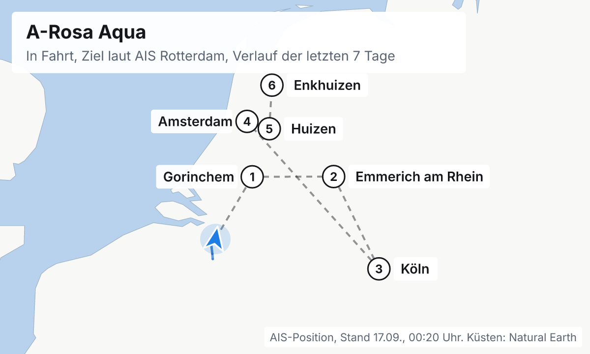 Karte: aktuelle Position der A-Rosa Aqua, Verlauf der letzten Tage und die nächsten Häfen laut Fahrplan