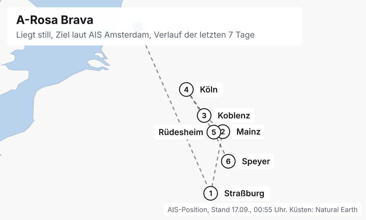 Karte: aktuelle Position der A-Rosa Brava, Verlauf der letzten Tage und die nächsten Häfen laut Fahrplan