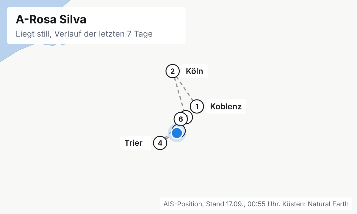 Karte: aktuelle Position der A-Rosa Silva, Verlauf der letzten Tage und die nächsten Häfen laut Fahrplan