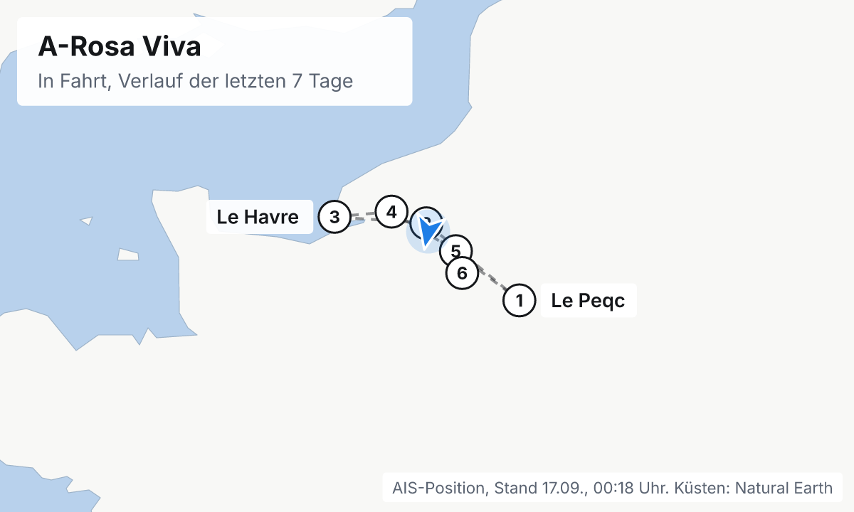 Karte: aktuelle Position der A-Rosa Viva, Verlauf der letzten Tage und die nächsten Häfen laut Fahrplan