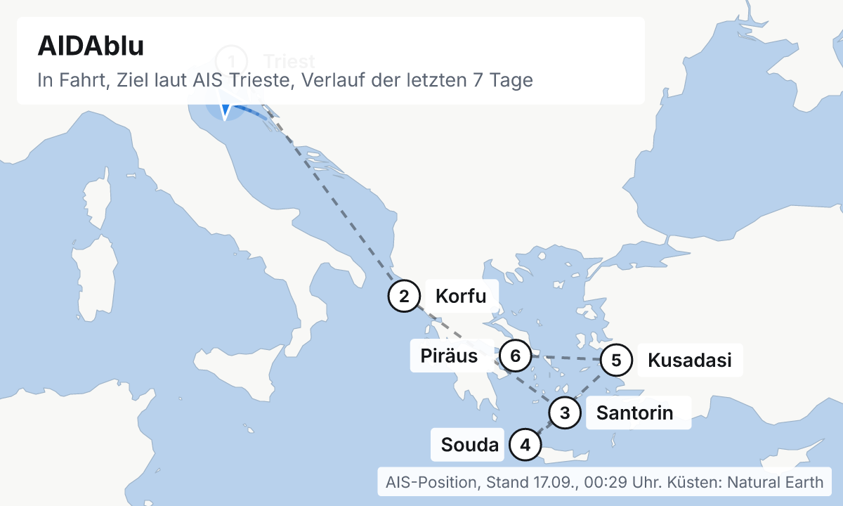 Karte: aktuelle Position der AIDAblu, Verlauf der letzten Tage und die nächsten Häfen laut Fahrplan