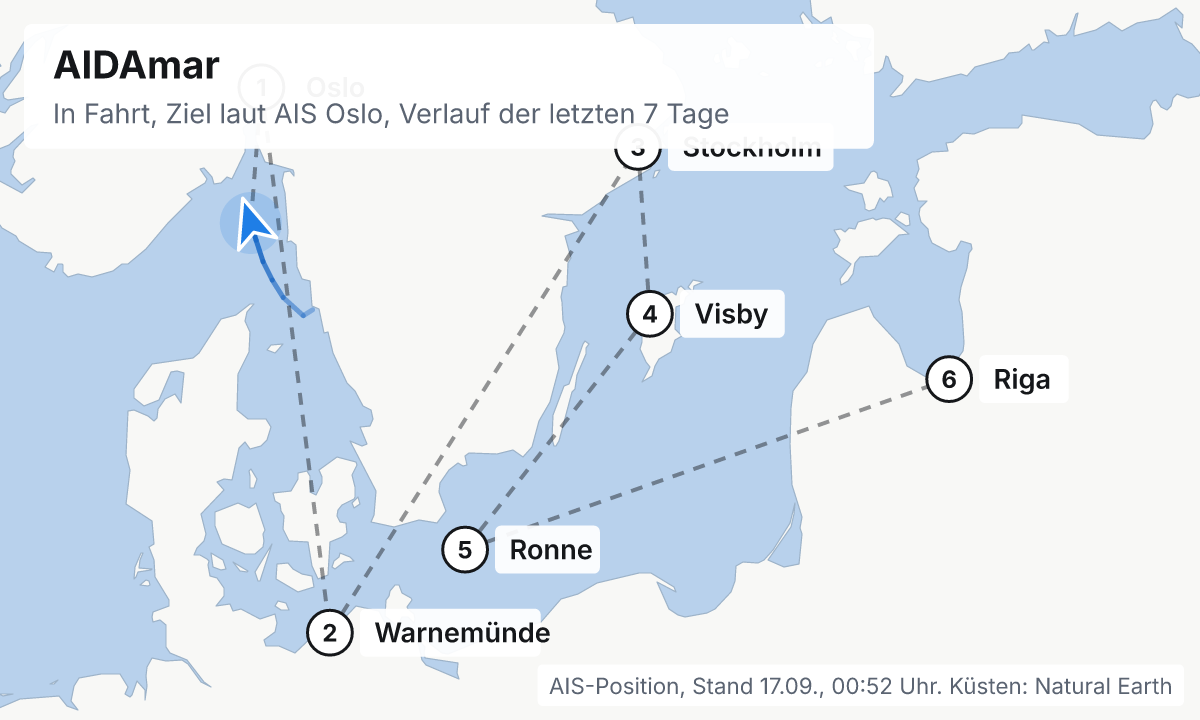 Karte: aktuelle Position der AIDAmar, Verlauf der letzten Tage und die nächsten Häfen laut Fahrplan