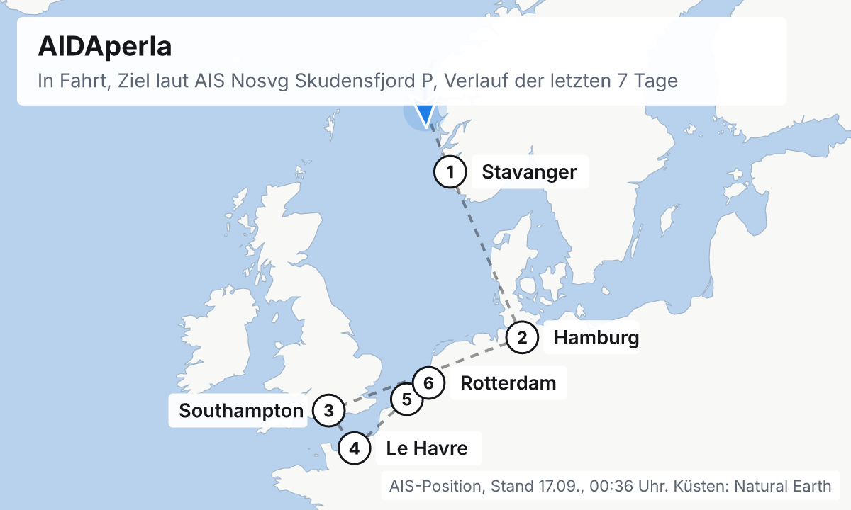 Karte: aktuelle Position der AIDAperla, Verlauf der letzten Tage und die nächsten Häfen laut Fahrplan