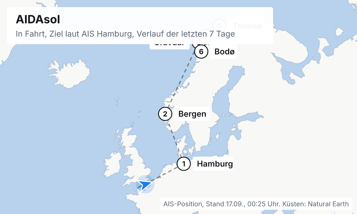 Karte: aktuelle Position der AIDAsol, Verlauf der letzten Tage und die nächsten Häfen laut Fahrplan