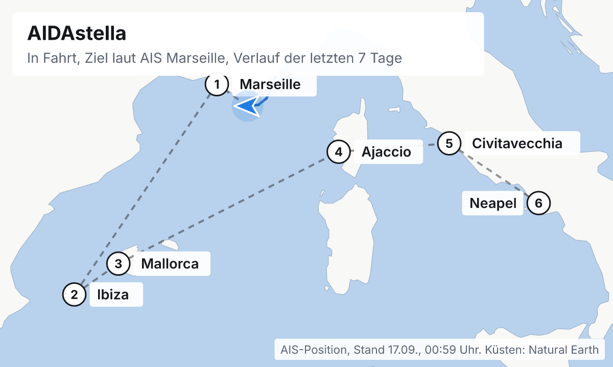 Karte: aktuelle Position der AIDAstella, Verlauf der letzten Tage und die nächsten Häfen laut Fahrplan