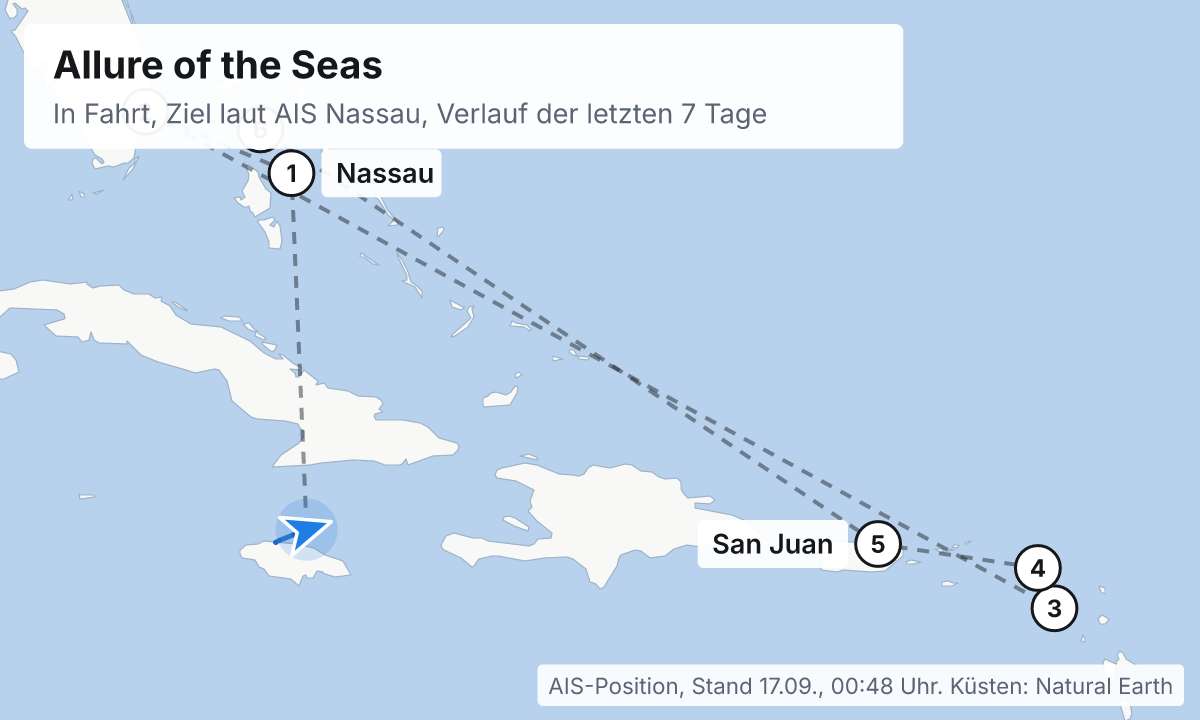 Karte: aktuelle Position der Allure of the Seas, Verlauf der letzten Tage und die nächsten Häfen laut Fahrplan