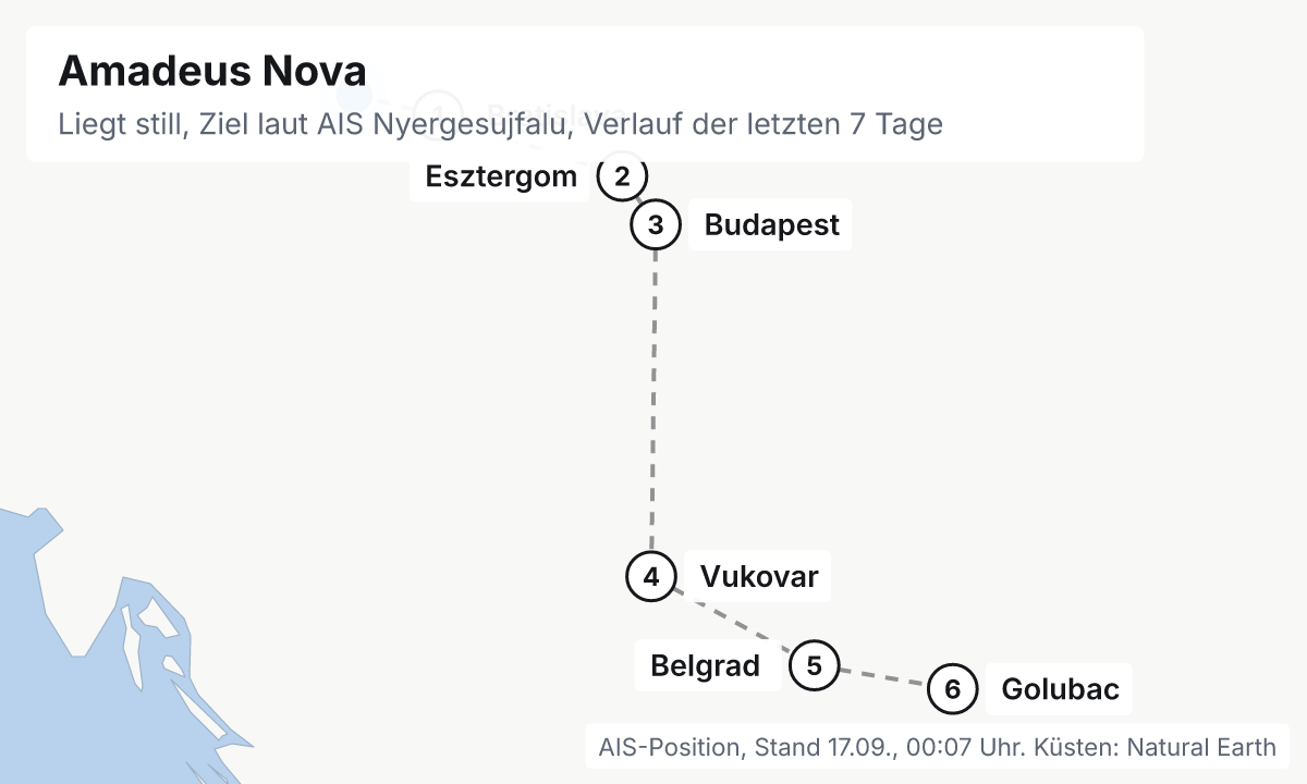 Karte: aktuelle Position der Amadeus Nova, Verlauf der letzten Tage und die nächsten Häfen laut Fahrplan