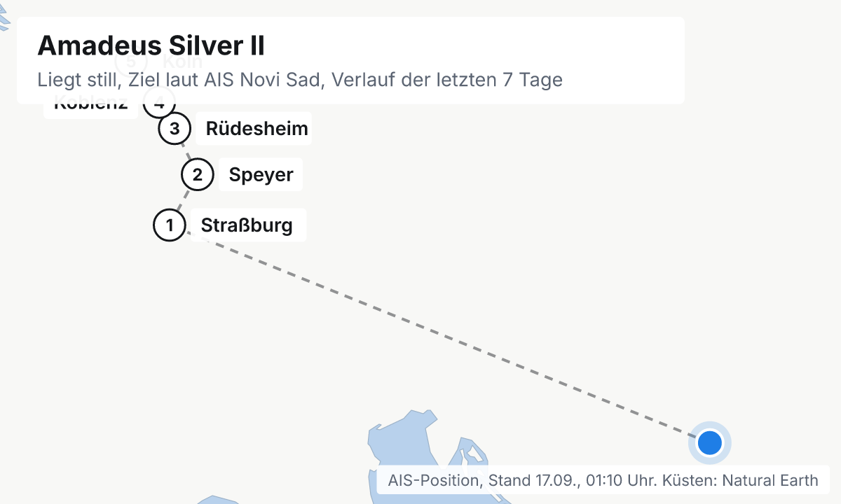 Karte: aktuelle Position der Amadeus Silver II, Verlauf der letzten Tage und die nächsten Häfen laut Fahrplan