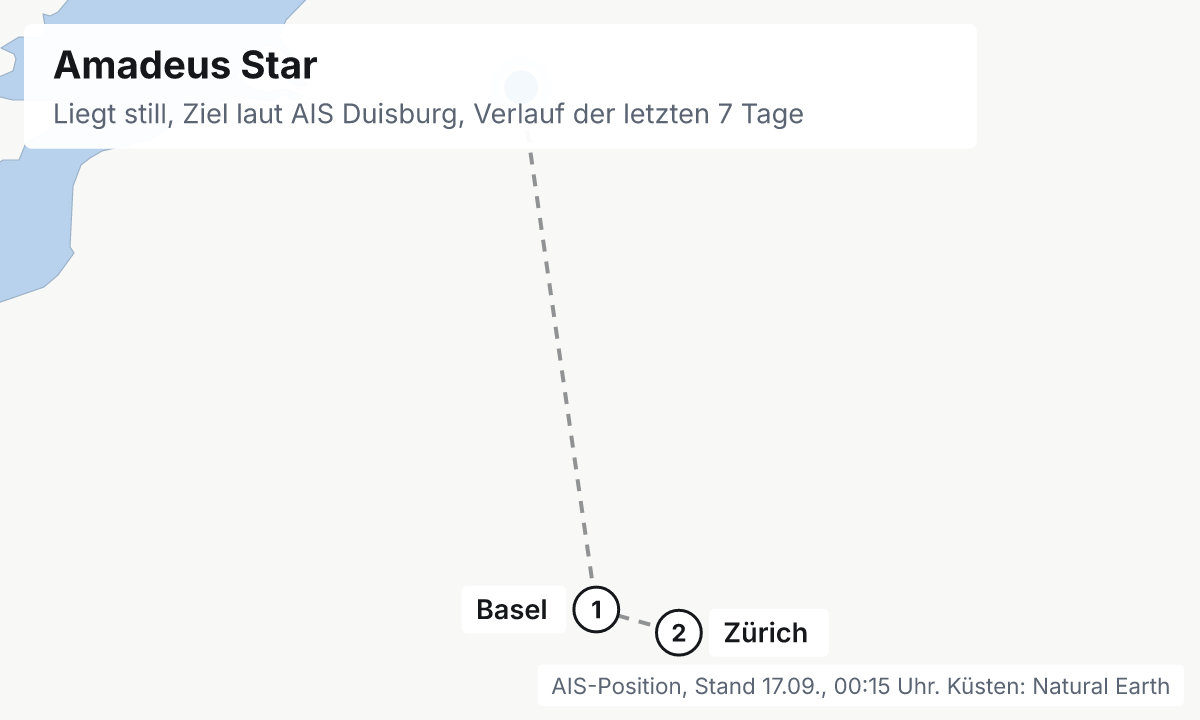 Karte: aktuelle Position der Amadeus Star, Verlauf der letzten Tage und die nächsten Häfen laut Fahrplan