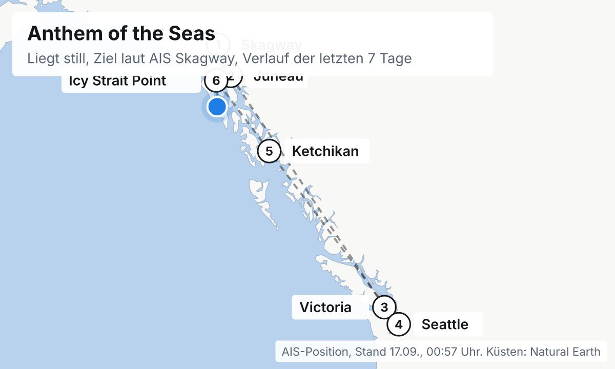 Karte: aktuelle Position der Anthem of the Seas, Verlauf der letzten Tage und die nächsten Häfen laut Fahrplan