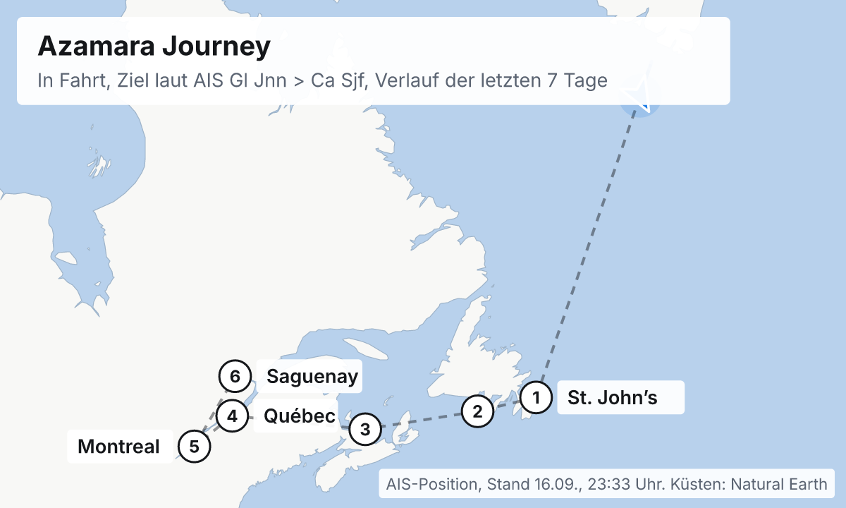 Karte: aktuelle Position der Azamara Journey, Verlauf der letzten Tage und die nächsten Häfen laut Fahrplan