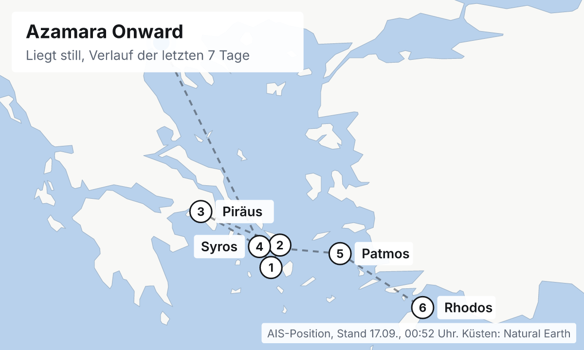 Karte: aktuelle Position der Azamara Onward, Verlauf der letzten Tage und die nächsten Häfen laut Fahrplan