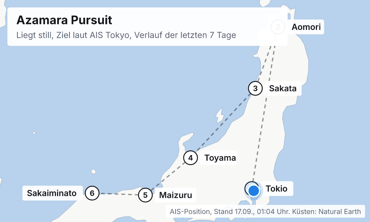 Karte: aktuelle Position der Azamara Pursuit, Verlauf der letzten Tage und die nächsten Häfen laut Fahrplan