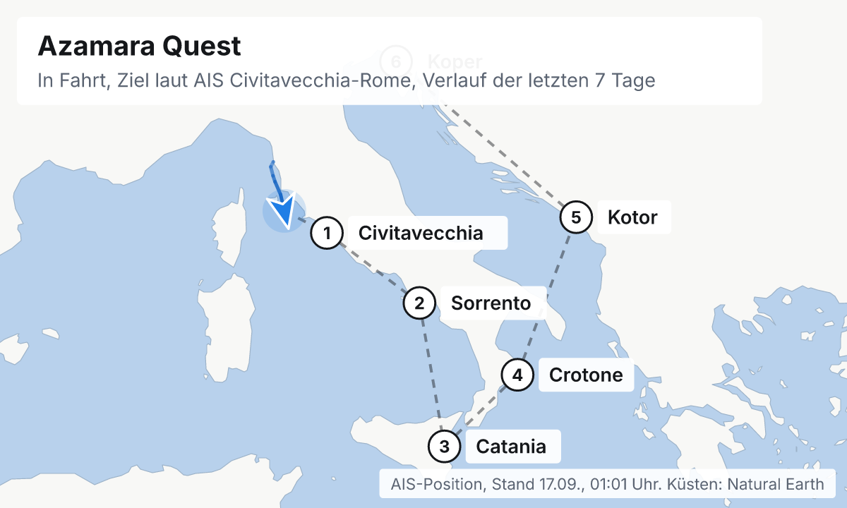 Karte: aktuelle Position der Azamara Quest, Verlauf der letzten Tage und die nächsten Häfen laut Fahrplan