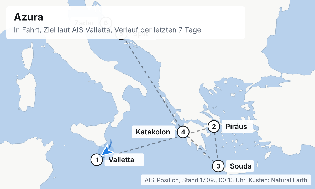 Karte: aktuelle Position der Azura, Verlauf der letzten Tage und die nächsten Häfen laut Fahrplan