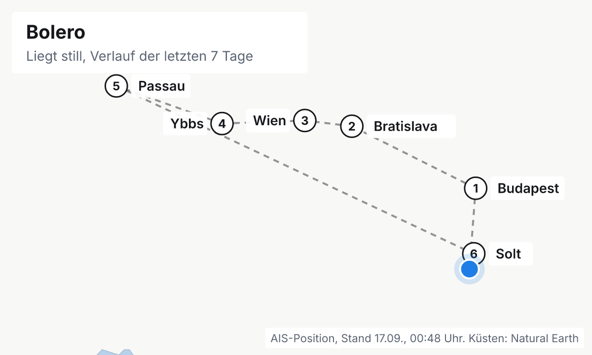 Karte: aktuelle Position der Bolero, Verlauf der letzten Tage und die nächsten Häfen laut Fahrplan