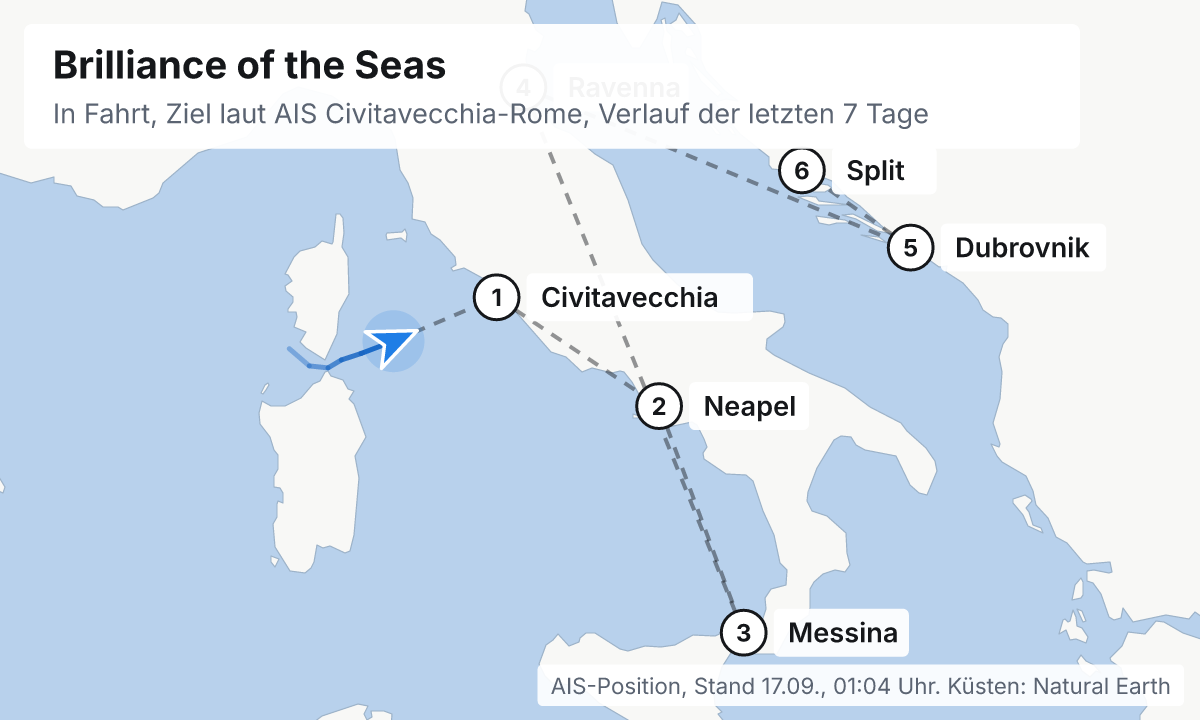 Karte: aktuelle Position der Brilliance of the Seas, Verlauf der letzten Tage und die nächsten Häfen laut Fahrplan