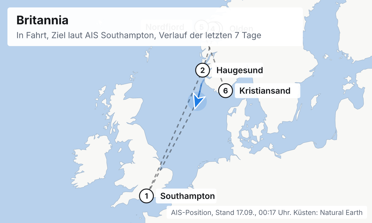 Karte: aktuelle Position der Britannia, Verlauf der letzten Tage und die nächsten Häfen laut Fahrplan