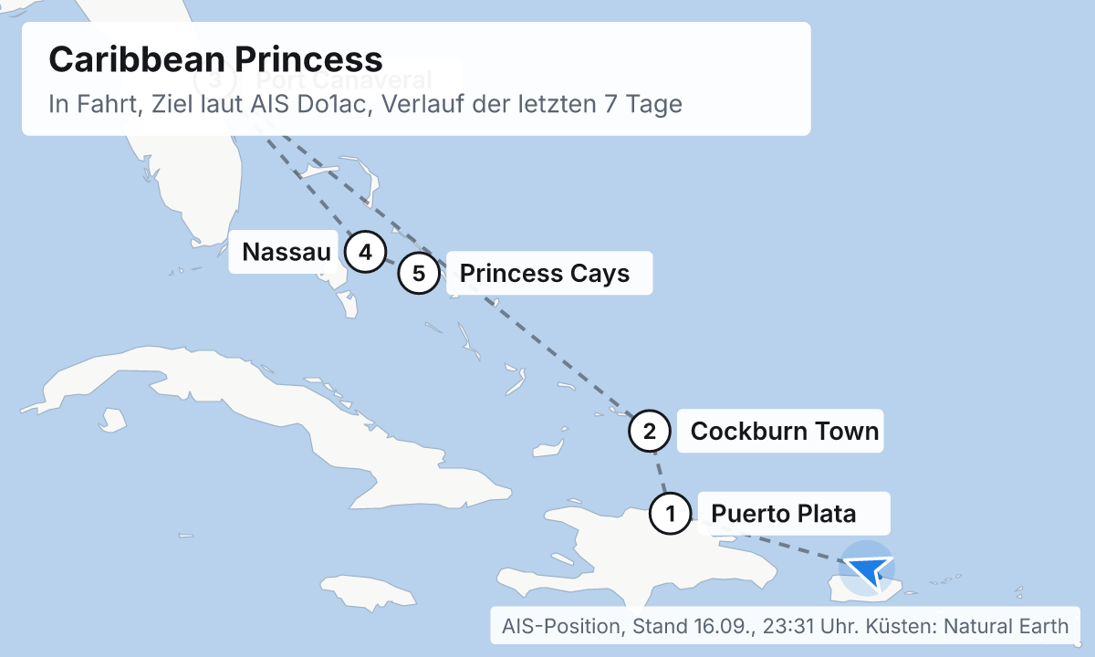 Karte: aktuelle Position der Caribbean Princess, Verlauf der letzten Tage und die nächsten Häfen laut Fahrplan