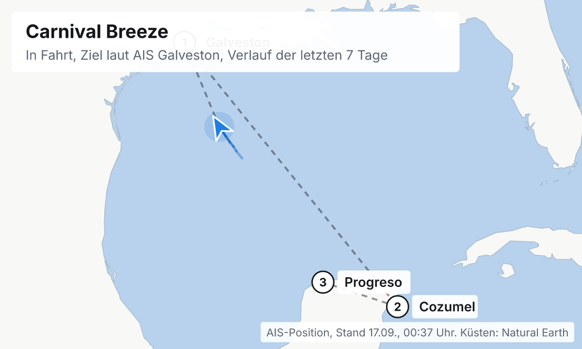 Karte: aktuelle Position der Carnival Breeze, Verlauf der letzten Tage und die nächsten Häfen laut Fahrplan