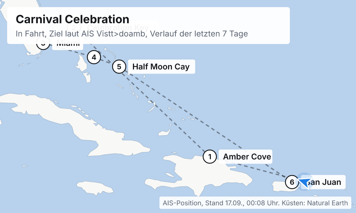 Karte: aktuelle Position der Carnival Celebration, Verlauf der letzten Tage und die nächsten Häfen laut Fahrplan