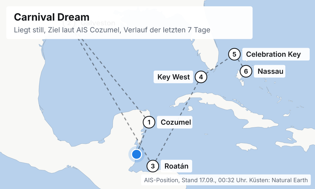 Karte: aktuelle Position der Carnival Dream, Verlauf der letzten Tage und die nächsten Häfen laut Fahrplan