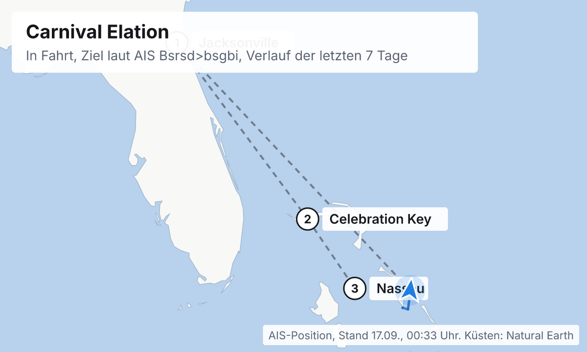 Karte: aktuelle Position der Carnival Elation, Verlauf der letzten Tage und die nächsten Häfen laut Fahrplan