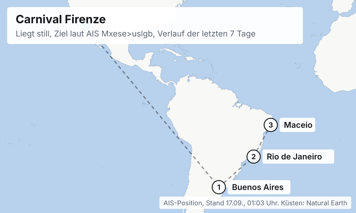 Karte: aktuelle Position der Carnival Firenze, Verlauf der letzten Tage und die nächsten Häfen laut Fahrplan