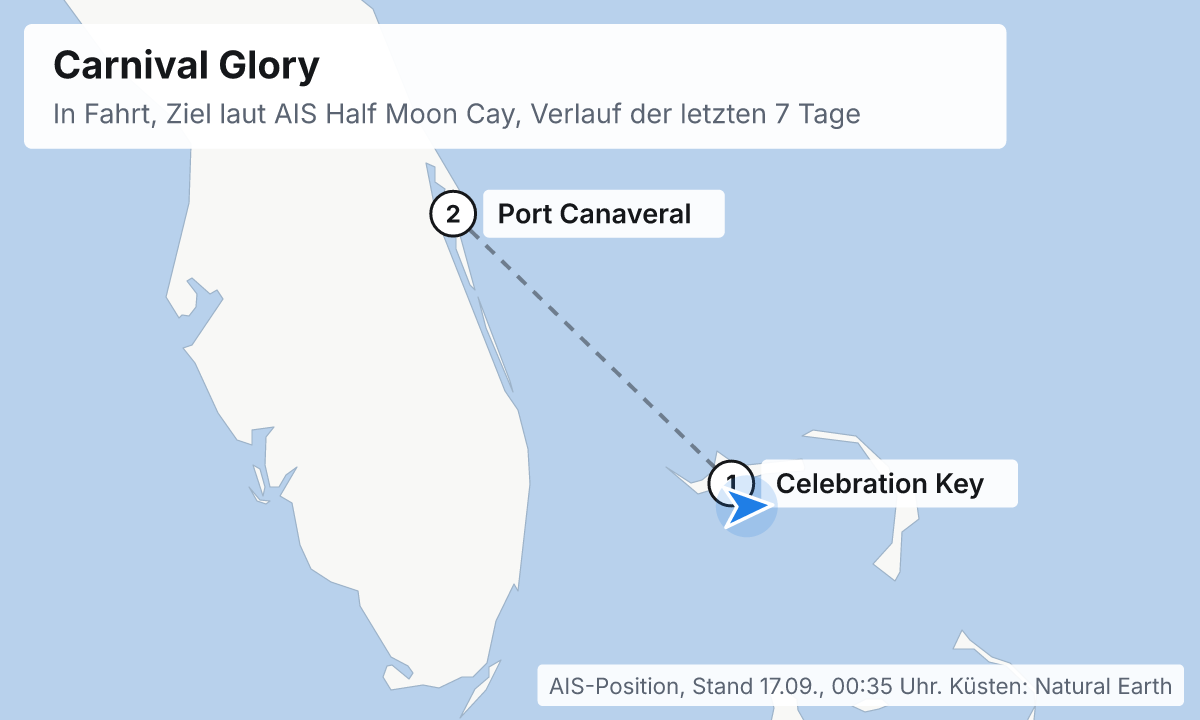 Karte: aktuelle Position der Carnival Glory, Verlauf der letzten Tage und die nächsten Häfen laut Fahrplan