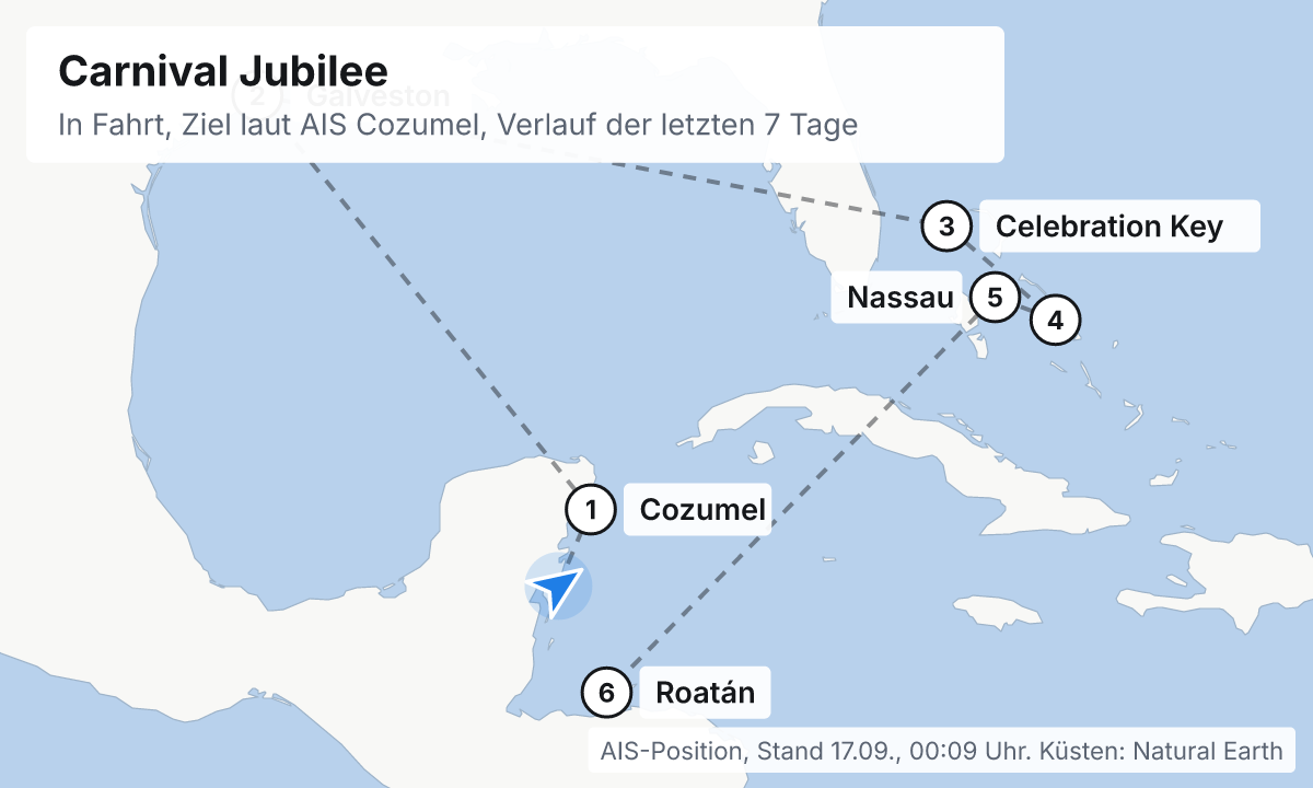 Karte: aktuelle Position der Carnival Jubilee, Verlauf der letzten Tage und die nächsten Häfen laut Fahrplan