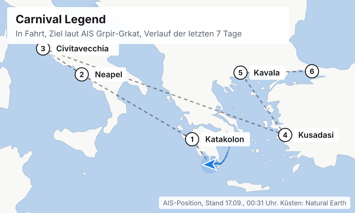 Karte: aktuelle Position der Carnival Legend, Verlauf der letzten Tage und die nächsten Häfen laut Fahrplan