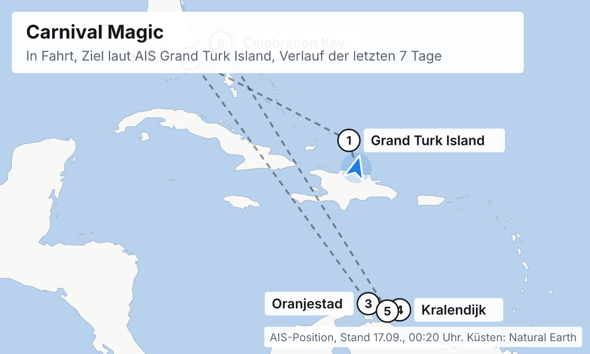Karte: aktuelle Position der Carnival Magic, Verlauf der letzten Tage und die nächsten Häfen laut Fahrplan