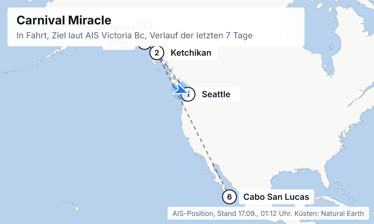 Karte: aktuelle Position der Carnival Miracle, Verlauf der letzten Tage und die nächsten Häfen laut Fahrplan