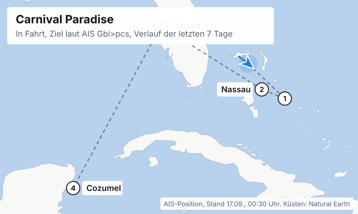 Karte: aktuelle Position der Carnival Paradise, Verlauf der letzten Tage und die nächsten Häfen laut Fahrplan