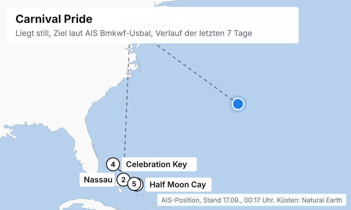 Karte: aktuelle Position der Carnival Pride, Verlauf der letzten Tage und die nächsten Häfen laut Fahrplan