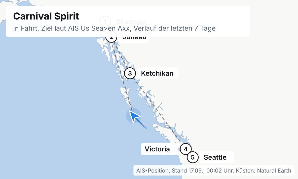 Karte: aktuelle Position der Carnival Spirit, Verlauf der letzten Tage und die nächsten Häfen laut Fahrplan