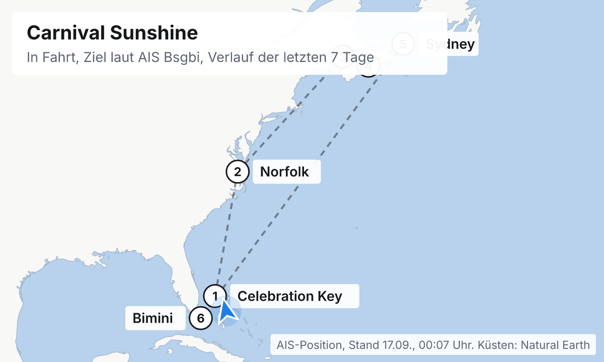 Karte: aktuelle Position der Carnival Sunshine, Verlauf der letzten Tage und die nächsten Häfen laut Fahrplan