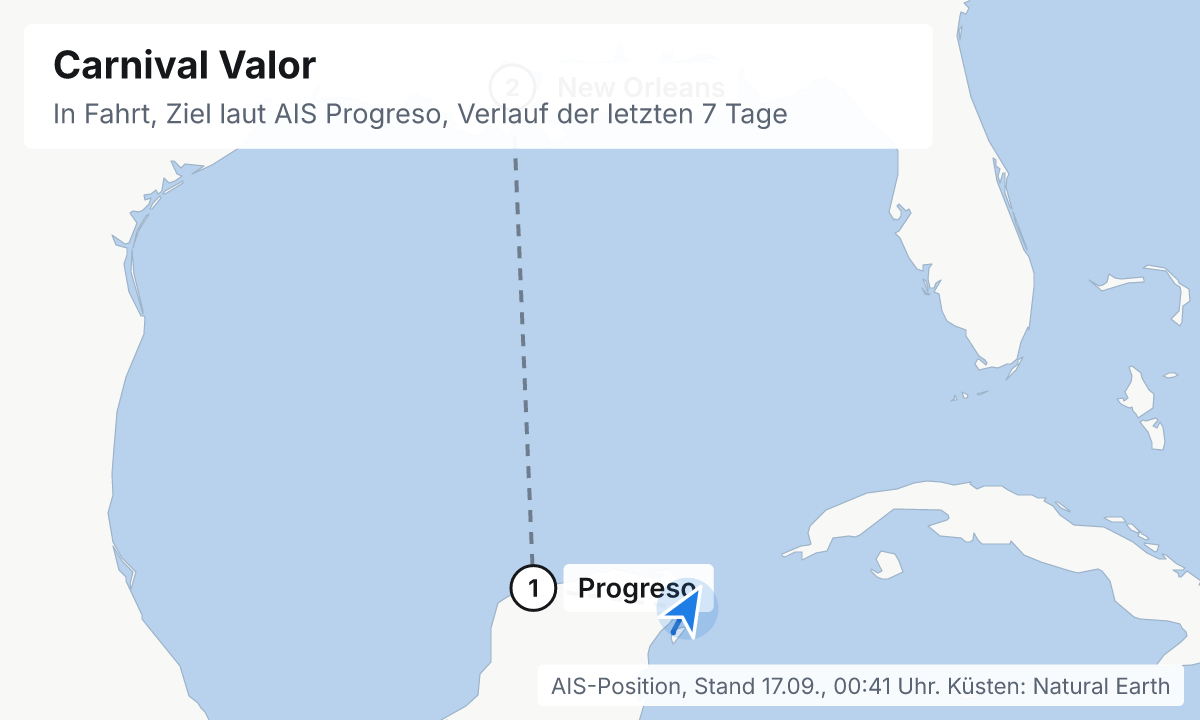 Karte: aktuelle Position der Carnival Valor, Verlauf der letzten Tage und die nächsten Häfen laut Fahrplan