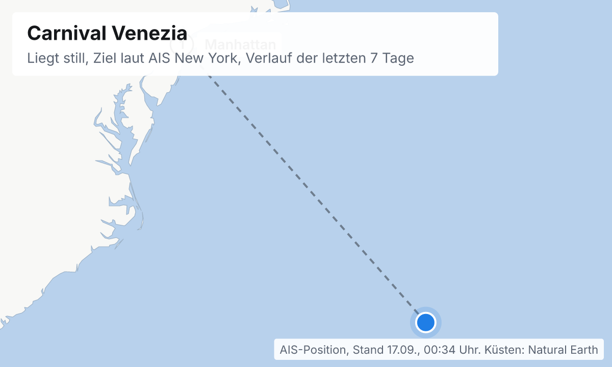 Karte: aktuelle Position der Carnival Venezia, Verlauf der letzten Tage und die nächsten Häfen laut Fahrplan