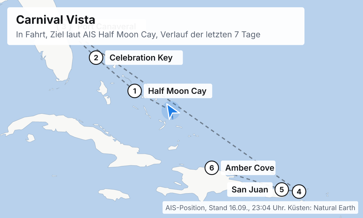 Karte: aktuelle Position der Carnival Vista, Verlauf der letzten Tage und die nächsten Häfen laut Fahrplan