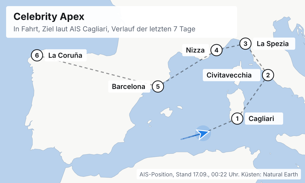 Karte: aktuelle Position der Celebrity Apex, Verlauf der letzten Tage und die nächsten Häfen laut Fahrplan