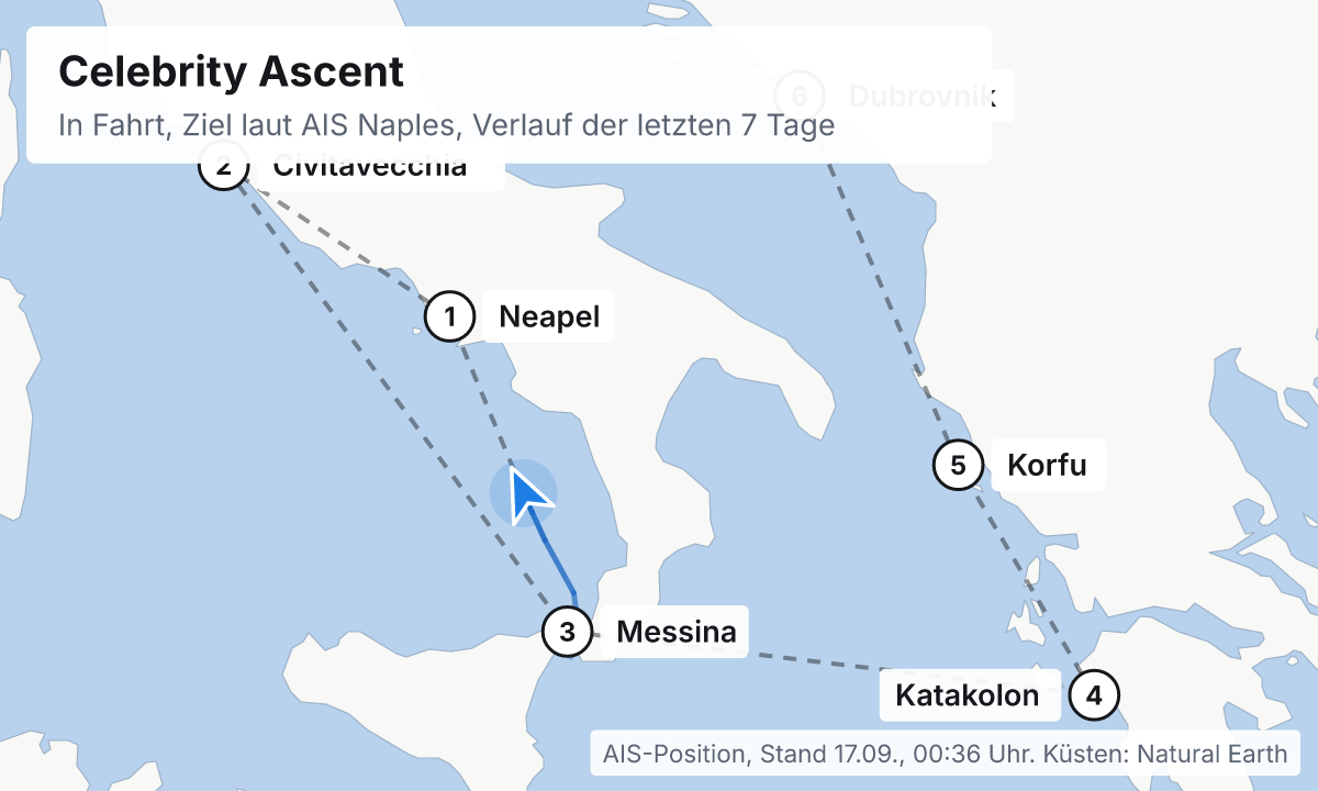 Karte: aktuelle Position der Celebrity Ascent, Verlauf der letzten Tage und die nächsten Häfen laut Fahrplan
