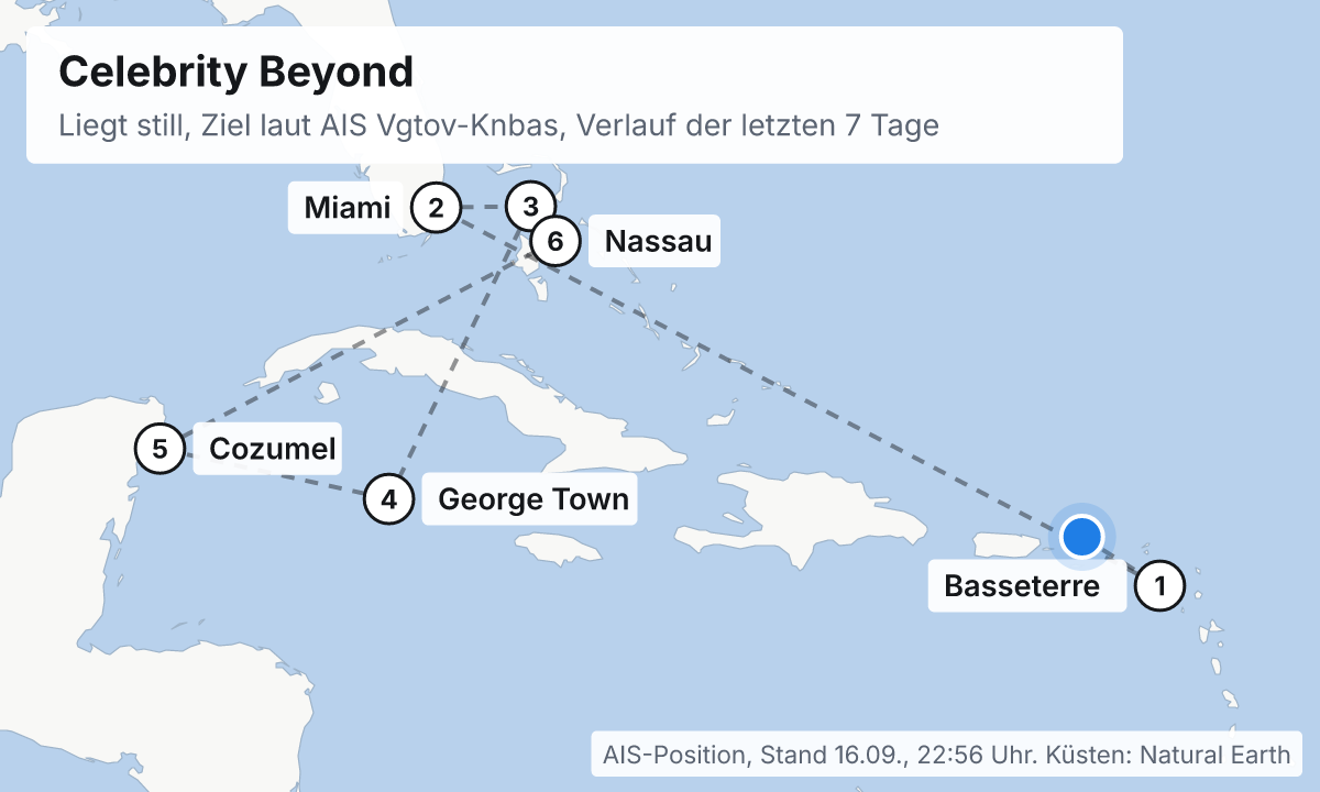 Karte: aktuelle Position der Celebrity Beyond, Verlauf der letzten Tage und die nächsten Häfen laut Fahrplan