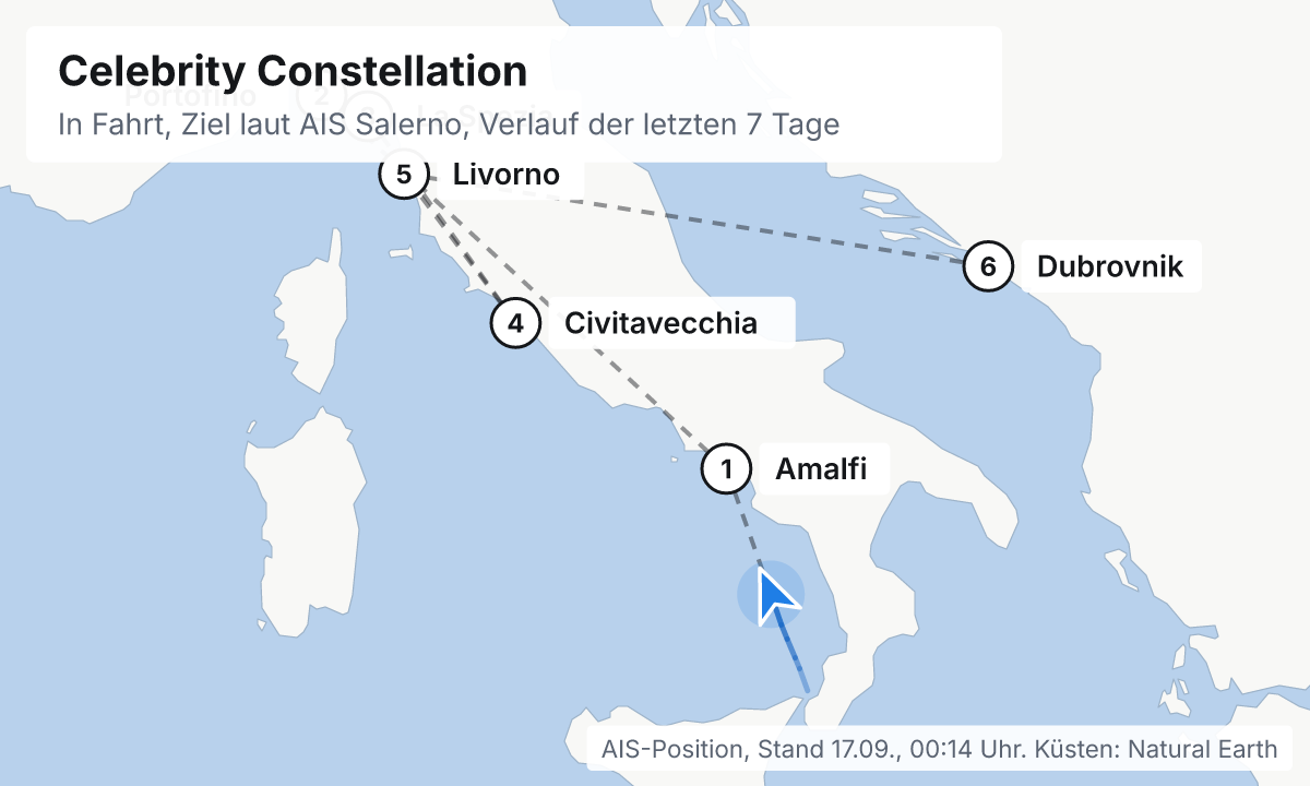 Karte: aktuelle Position der Celebrity Constellation, Verlauf der letzten Tage und die nächsten Häfen laut Fahrplan