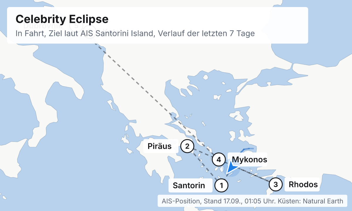 Karte: aktuelle Position der Celebrity Eclipse, Verlauf der letzten Tage und die nächsten Häfen laut Fahrplan