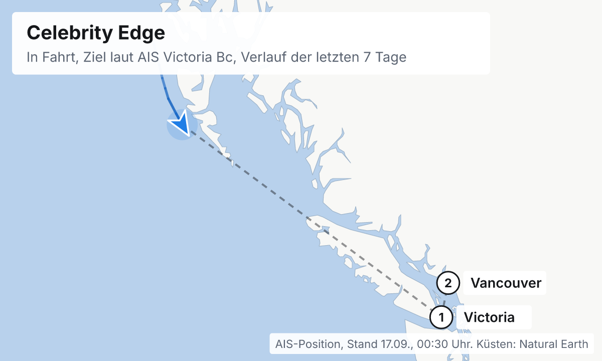 Karte: aktuelle Position der Celebrity Edge, Verlauf der letzten Tage und die nächsten Häfen laut Fahrplan
