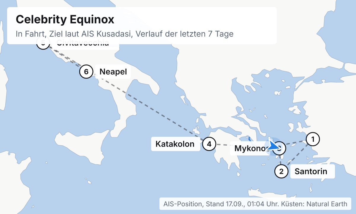 Karte: aktuelle Position der Celebrity Equinox, Verlauf der letzten Tage und die nächsten Häfen laut Fahrplan