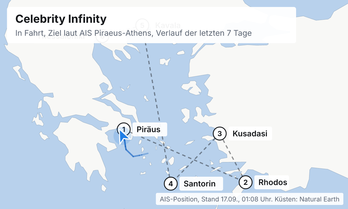 Karte: aktuelle Position der Celebrity Infinity, Verlauf der letzten Tage und die nächsten Häfen laut Fahrplan