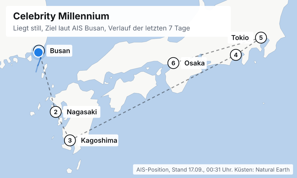 Karte: aktuelle Position der Celebrity Millennium, Verlauf der letzten Tage und die nächsten Häfen laut Fahrplan