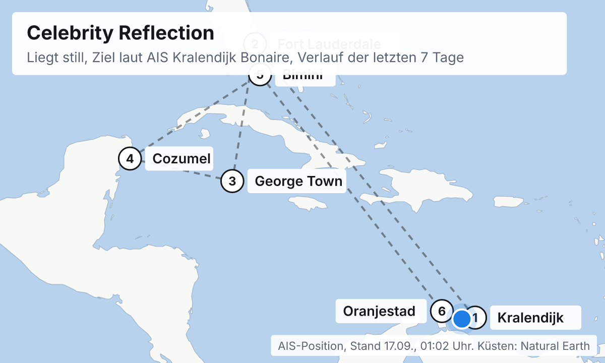 Karte: aktuelle Position der Celebrity Reflection, Verlauf der letzten Tage und die nächsten Häfen laut Fahrplan